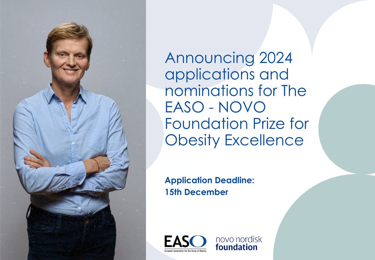 ▶️ European Association for the Study of Obesity - Novo Nordisk Foundation Obesity Prize 

Submission Deadline 
15th Dec.

👉 #Obesity Prize for Excellence - is supported by a grant of DKK 2,000,000;  of which DKK 300,000 is a personal grant

easo.org/about-easo/eas…

#ECO2024