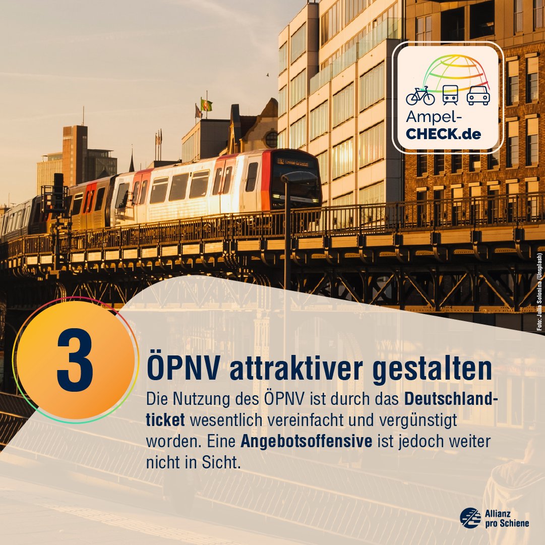 Schienenallianz's tweet photo. Bezahlbare Mobilität ermöglichen, Fahrgastzahlen steigern, attraktiverer ÖPNV – die🚦hat sich im Koalitionsvertrag viel für die Öffis vorgenommen. Das Deutschlandticket ist ein großer Schritt nach vorne. Jetzt muss der ÖPNV ausgebaut und modernisiert werden. #AmpelCheck Note: 3. https://t.co/R3K4oLQkbq