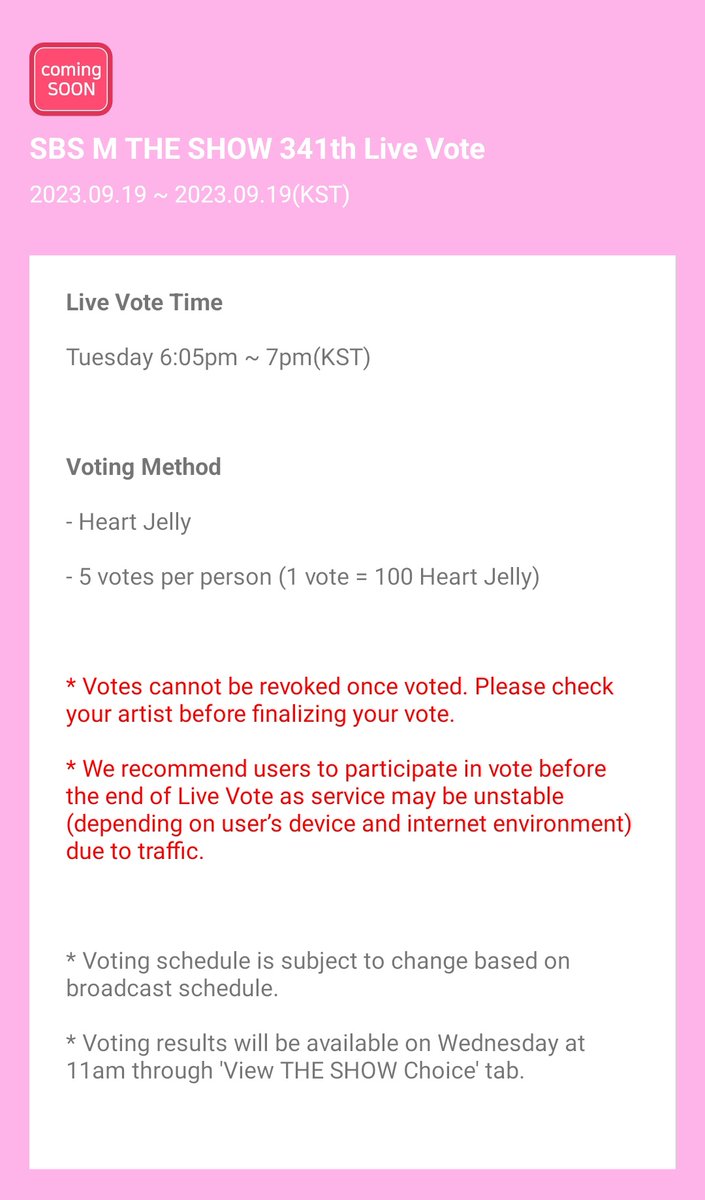 VOTECRAVITY's tweet photo. [THE SHOW LIVE VOTING]

Live Voting will start at 6:05 PM until 7:00 PM KST. Please enter the app and prepare for the live voting! 

Make sure to have atleast 100 HJs to vote. 

1 Vote = 100 HJs
5 Votes = 500 HJs (Maximum) https://t.co/jSFsLexveH