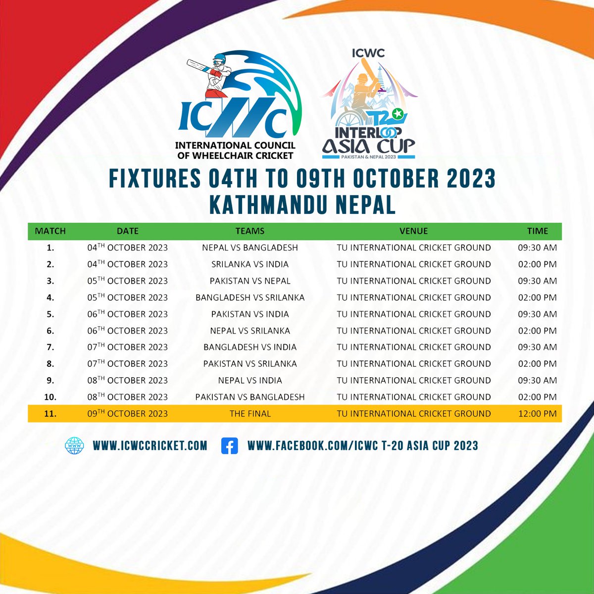 ICWC T-20 Interloop 2nd Wheelchair #Cricket #AsiaCup2023.

Stay tuned for the match fixtures and let the cricket fever begin! Best of luck, #IndianWheelchairCricketTeam 

#AsiaCup2023
#DCCBI #wheelchaircricket #divyangcricket #divyangjancricket #disabilitycricket 
<a href="/BCCI/">BCCI</a>