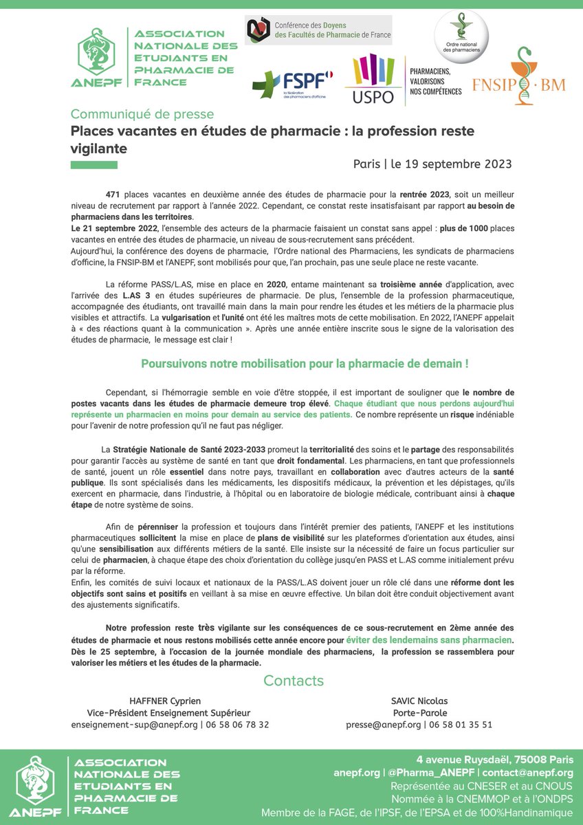 🚨 [PLACES_VACANTES_PHARMACIE] 🚨

👉🏼 471 places vacantes en entrée d’études de pharmacie

⚠️ Une baisse par rapport à l’an dernier, mais pas une victoire ❌

🐍 La profession restera vigilante et mobilisée 

▶️ Les métiers de la pharmacie doivent être connus de tous