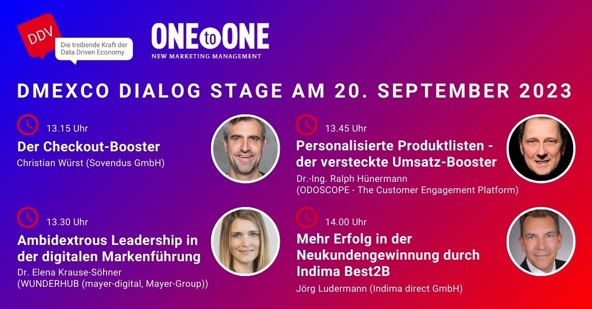Morgen präsentieren Dialog-Experten passende Lösungen zu den aktuellen Herausforderungen im Kundendialog auf der Dialog Stage im Rahmen der <a href="/dmexco/">DMEXCO</a>. Mit dabei sind u.a. <a href="/sovendus/">Sovendus</a>, mayer-digital, <a href="/odoscope/">ODOSCOPE</a> und Indima direct. Alle Informationen: bit.ly/46sGnXd