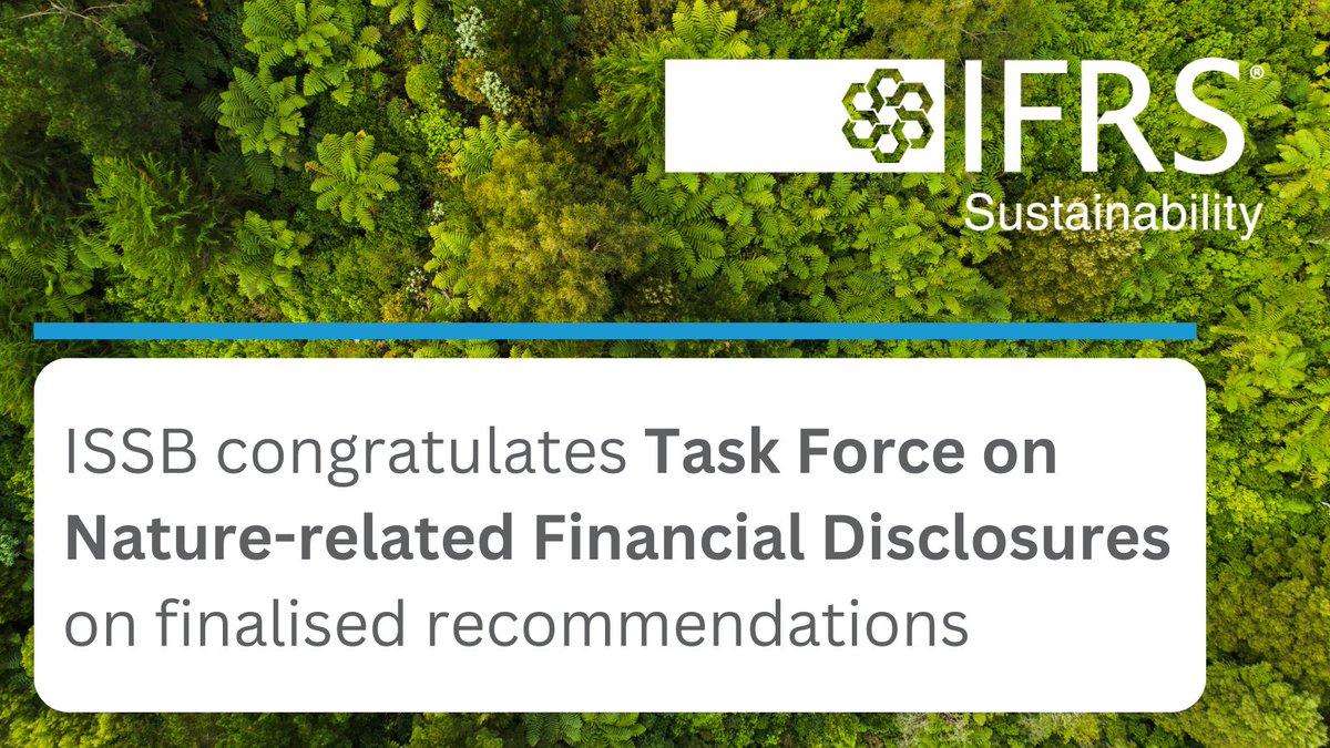 The ISSB congratulates the @TNFD_ on the publication of its recommendations during #ClimateWeekNYC 2023. The ISSB will look to the TNFD recommendations - where it relates to meeting the information needs of investors - in its future work. 👉ifrs.org/news-and-event…