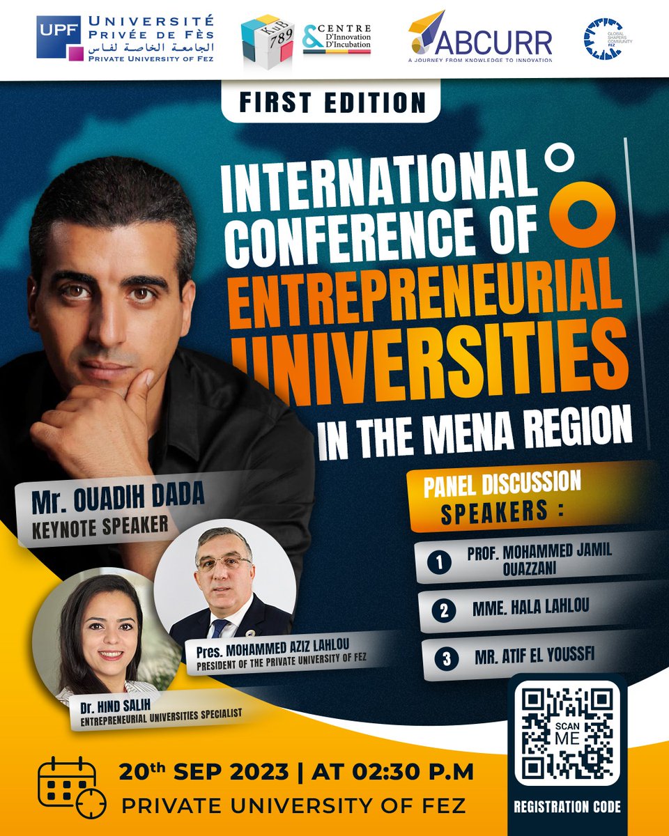 ABCURR_EI's tweet photo. Join us for the first edition of the International Conference of Entrepreneurial Universities in the MENA  at The Private University of Fez in partnership with ABCURR Entrepreneurial Institute for "The Role of soft skills in the Empowerment of university-based entrepreneurship" https://t.co/nd3F4mQuF6