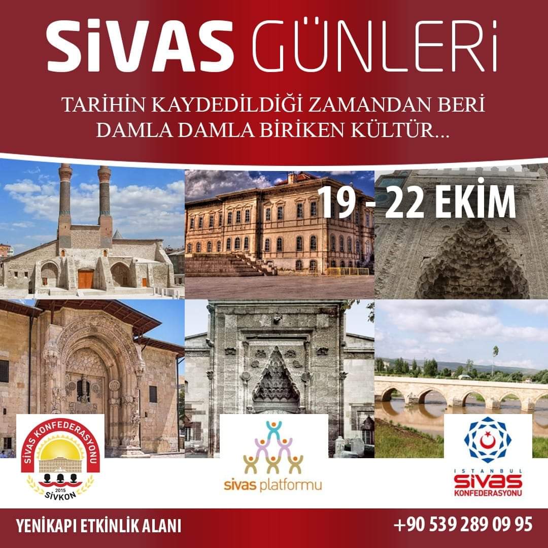 Sivas'lı olmak bir ayrıcalıktır. 19 -22 Ekim tarihleri arasında memleket özlemini bir nebzede olsa gidermek isteyen hemşehrilerimi Yenikapı Etkinlik Alanına bekliyoruz. Diğerleri şehir sen efsanesin #SİVAS.
#BizBirlikteGüçlüyüz #Sivkon
#MetinYarım #Sivas #Yenikapı #SivasGünleri