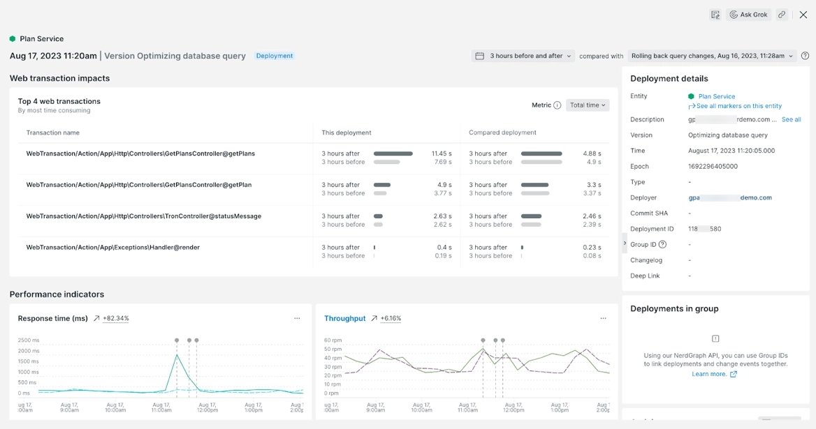 NewRelicJapan's tweet image. デプロイやシステム変更を記録しておくChange Trackingの画面で、変更の前後で各トランザクションがどのような影響を受けたか確認できるようになりました。

docs.newrelic.com/docs/change-tr…

#NewRelic #オブザーバビリティ #ChangeTracking