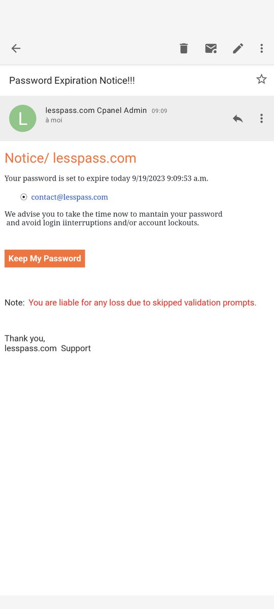 Nice #phishing mail I received today.

Obviously #LessPass will never ask sensitive information.