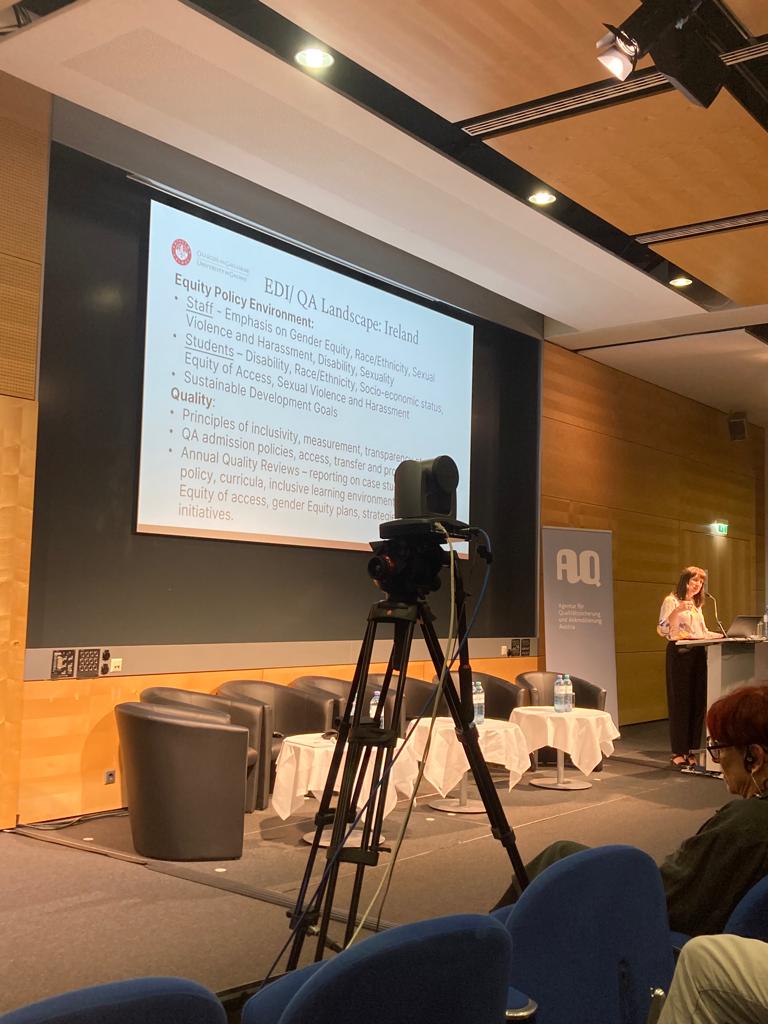 BolandMairead's tweet photo. Dr Helen Maher @edi_uniofgalway emphasises the inextricable links between #QA and #EDI &amp; the ways in which #QA can support and drive forward #EDI, acknowledging the need to move beyond compliance &amp; embedding #EDI in behaviours, policy &amp; practice. #AQAustria @QQI_connect https://t.co/GPzRIirDvb