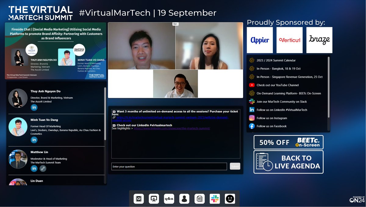 We're coming to the final session at The Virtual MarTech Summit Vietnam 🔥Welcome on stage Thuy Anh Nguyen Do, #TheAscottLimited & Minh Tuan Vo Dang discussing Social Media Marketing!

📍Agenda: themartechsummit.com/virtual-vietna…

▶️ Watch more on our YouTube: ow.ly/Xej050PHYLi