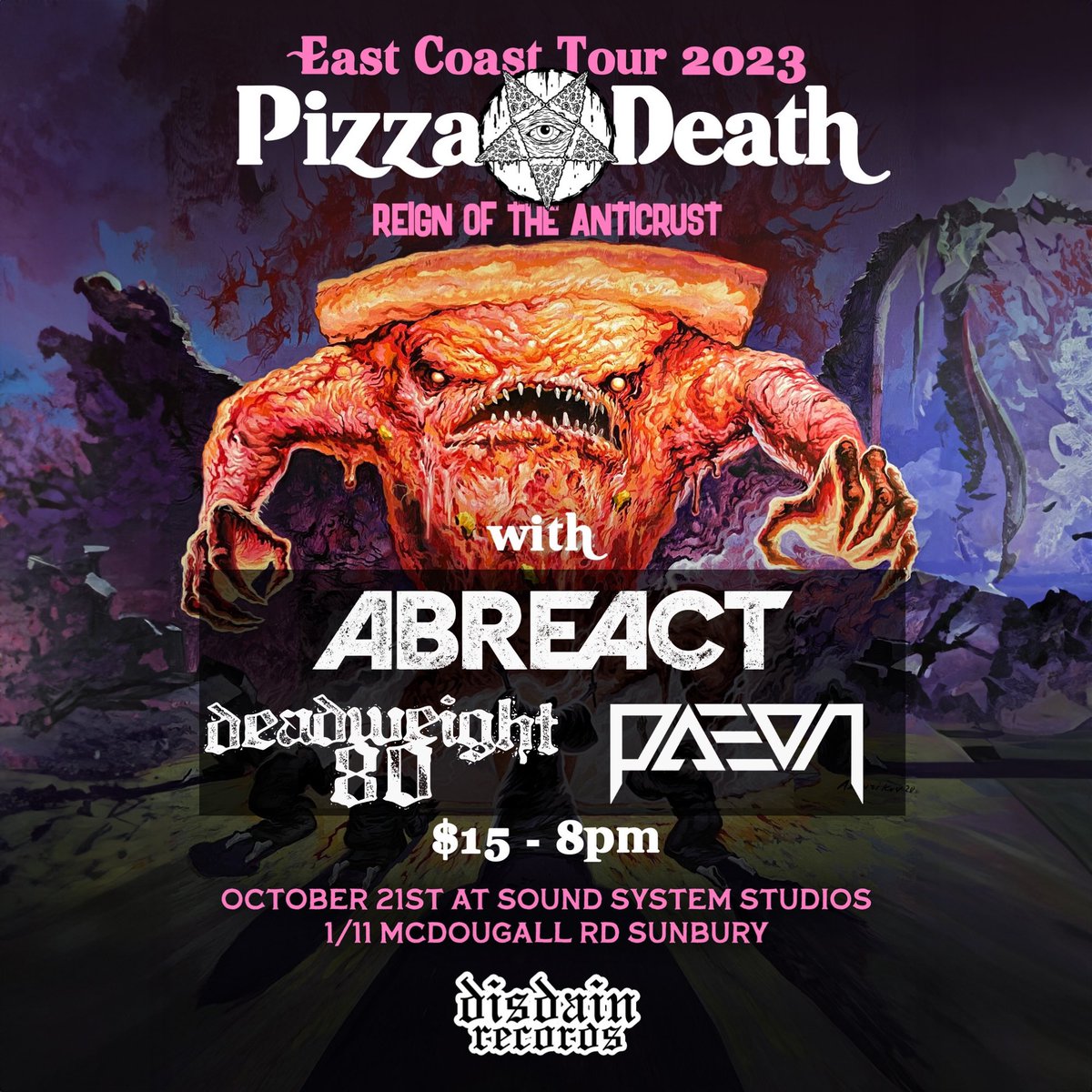 New show added, stoked to be playing Sound System in Sunbury with Pizza Death, Deadweight 80 and PAEON.  Saturday October 21st. 
Ticket link in bio!
