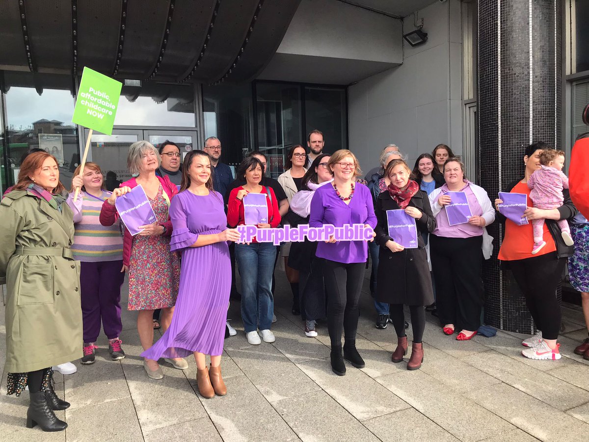 NWCI's tweet photo. ✊️DAY OF ACTION ✊️

We're calling on government to commit to a public model of childcare in Budget2024 

Women are struggling, providers are struggling. We need to reform the sector to deliver affordable,  accessible #childcare for all #PurpleForPublic #childcarecrisis https://t.co/GVaB504j2Z
