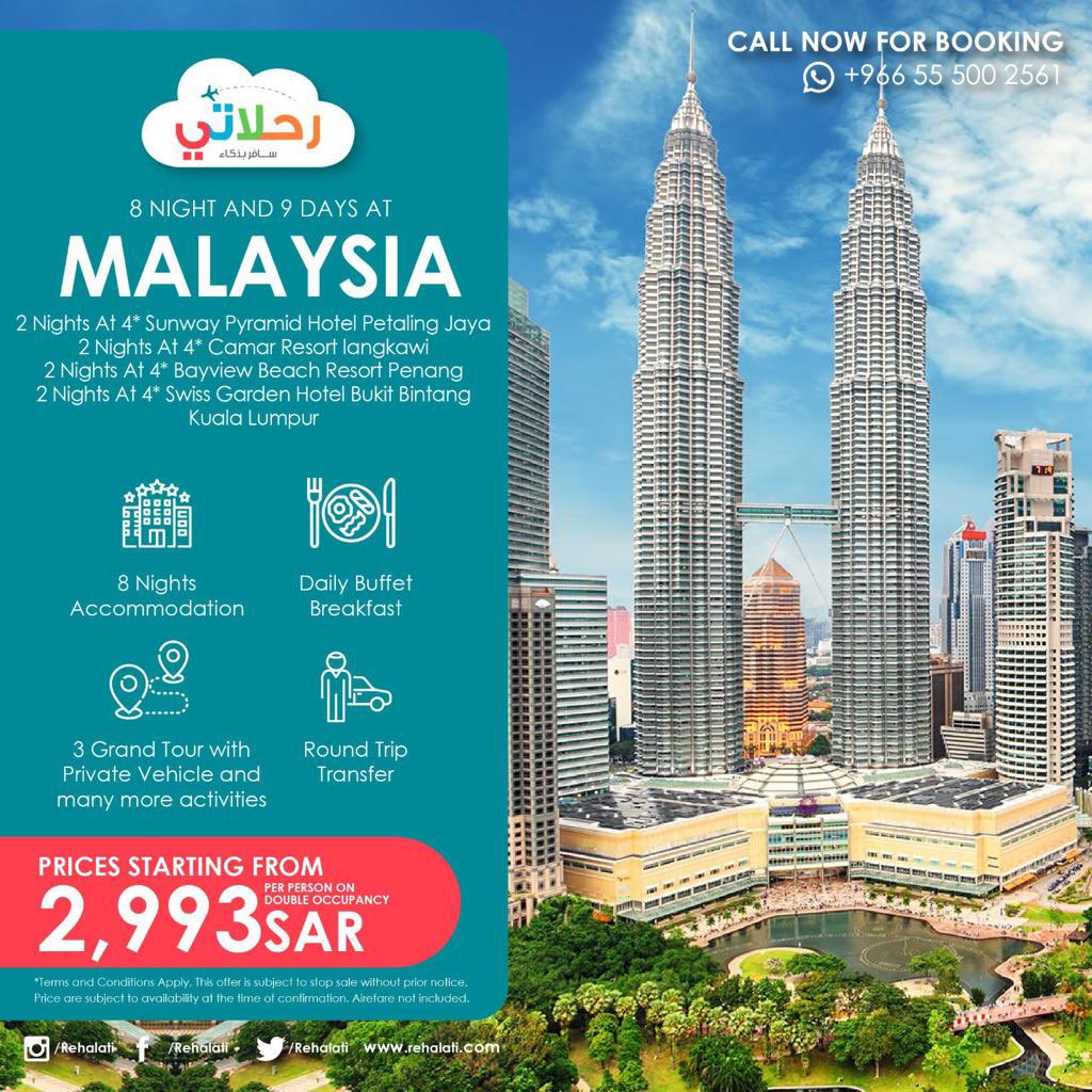 8 NIGHT AND 9 DAYS AT
#MALAYSIA
2 Nights At 4* 
Sunway Pyramid Hotel Petaling Jaya
2 Nights At 4* Camar Resort langkawi
2 Nights At 4* Bayview Beach Resort #Penang
2 Nights At 4* Swiss Garden Hotel Bukit Bintang
#KualaLumpur

#itctrips #saudiarabia