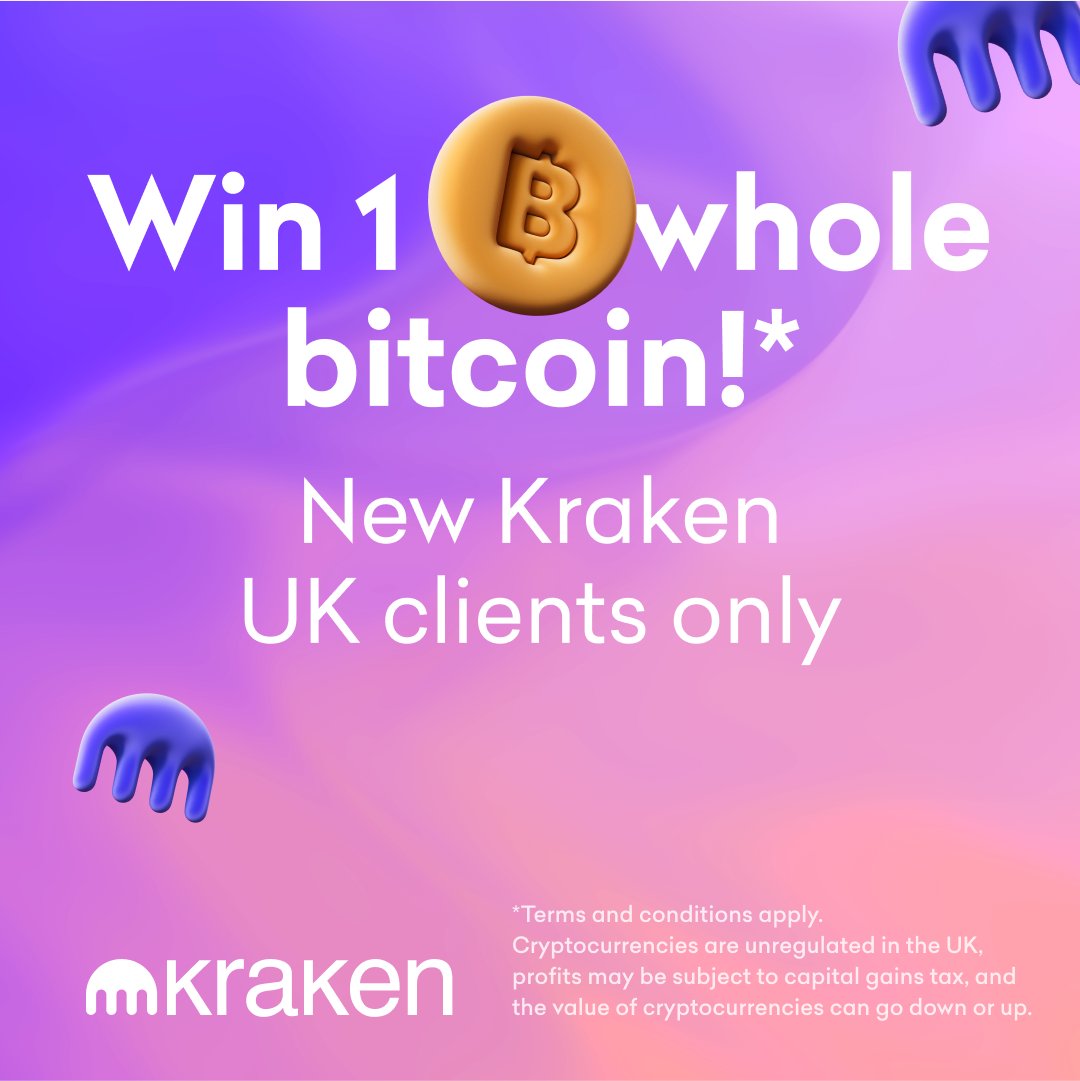 🚨Your last chance to win 1 whole #Bitcoin is fast approaching! 🚨 Join  Kraken UK today & YOU could be the lucky winner ✨ Bonus: First 1,000 get  £10 BTC for £100+