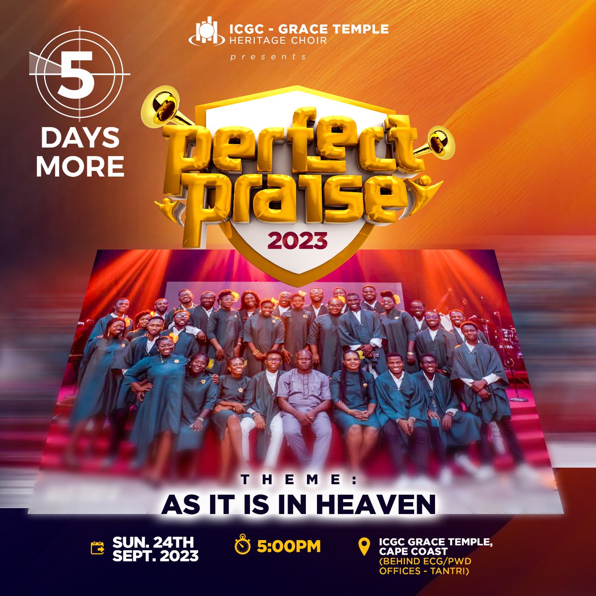 HeritageICGC's tweet photo. Our God reigns 🙌🏽🔥 It's 5 days to our PERFECT PRAISE 💥
It's coming off on Sunday, 24th September @ 5pm
The venue is ICGC-Grace Temple, Cape Coast
Come and experience this glorious atmosphere 🙏🏼🙌🏽📯
#PerfectPraise #PP2023 #asitisinheaven #weareicgc #gathering #PP23 https://t.co/j4jw28fmP2