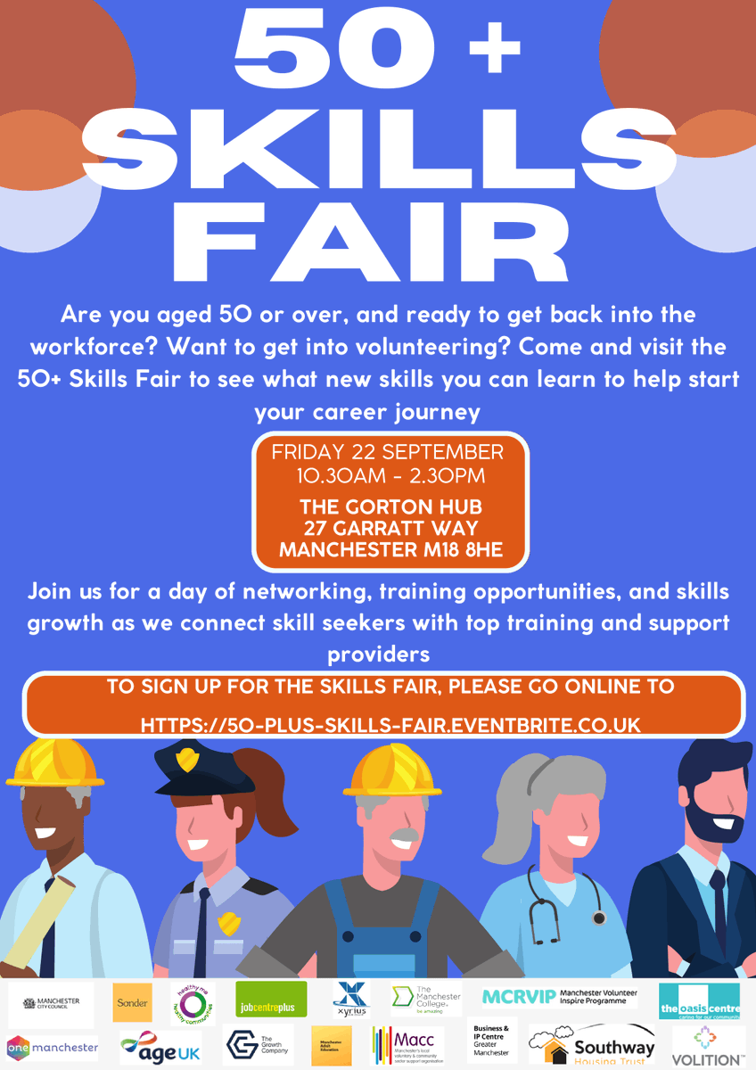 50+ and want a new challenge? Come to our Skills Fair this Friday (22nd Sept) at the Gorton Hub to find out about work, volunteering, skills, training and more. Get your free tickets here 50-plus-skills-fair.eventbrite.co.uk @OneMcr @SonderRadio @HMHCmcr @JCPinManchester @growthcouk @XyriusUK