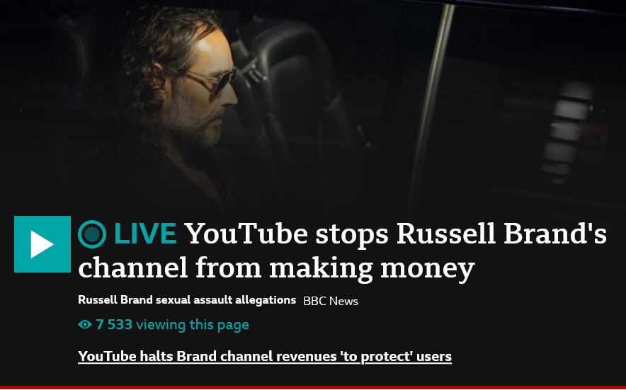 KilezMore's tweet photo. Youtube sperrt #RussellBrand [@rustyrockets]  Monetarisierung seines 6,6mio Follower-Kanals, "wegen den Anschuldigungen gegen ihn."

..dass er mittlerweile (zu?) lautstark gg #BigPharma, #BigTech, #UkraineProxyWar, #Impfpflicht, etc. eintritt, hatte bestimmt nichts damit zu tun..