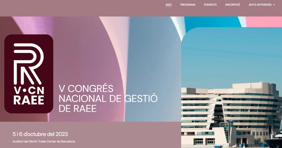 Agència de Residus (@residuscat) on Twitter photo El 5 i 6 d'octubre, tindrà lloc a Barcelona el V Congrés Nacional de #RAEE. 🔋
👉 Parlarem d'#EconomiaCircular, però també de circularitat, energies renovables, #prevenció, #reutilització...
Vols assistir-hi? Informa't aquí 👇
congresonacionalraee.es/ca/programa-2/
<a href="/CongresoRAEE/">Congreso RAEE</a> El 5 i 6 d'octubre, tindrà lloc a Barcelona el V Congrés Nacional de #RAEE. 🔋
👉 Parlarem d'#EconomiaCircular, però també de circularitat, energies renovables, #prevenció, #reutilització...
Vols assistir-hi? Informa't aquí 👇
congresonacionalraee.es/ca/programa-2/
<a href="/CongresoRAEE/">Congreso RAEE</a>