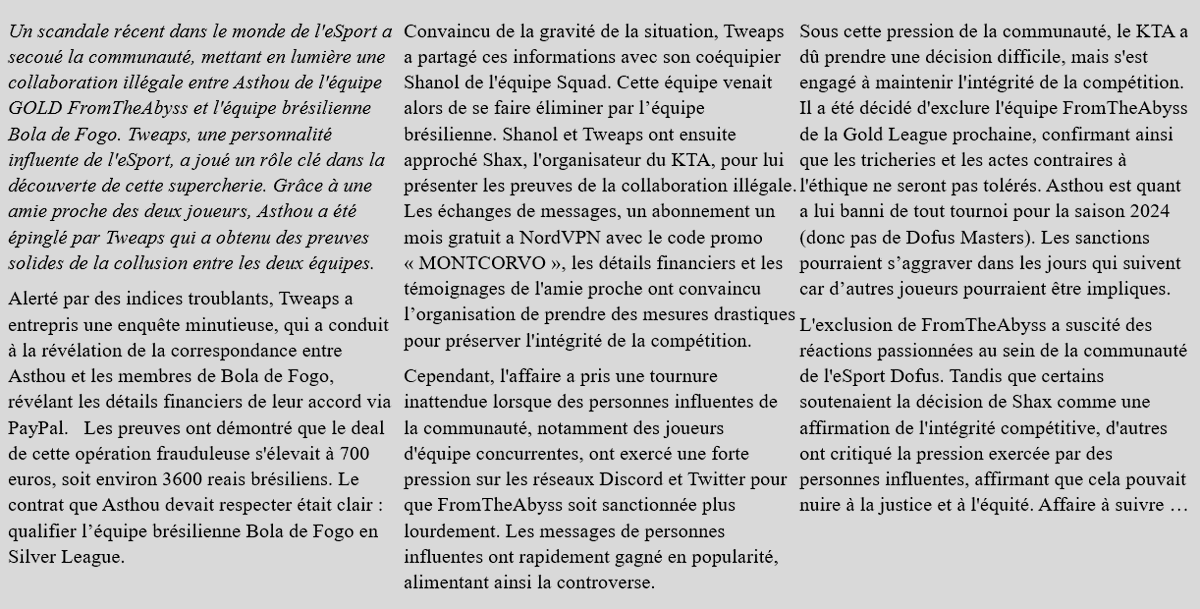 [CHOC] Scandale de triche au KTA 😱
Disqualification de FromTheAbyss 🐙 de la Gold League suite à la participation illégale et monnayée d’un de leur joueur dans une équipe brésilienne
On a pas les mots mais on vous dit tout ...