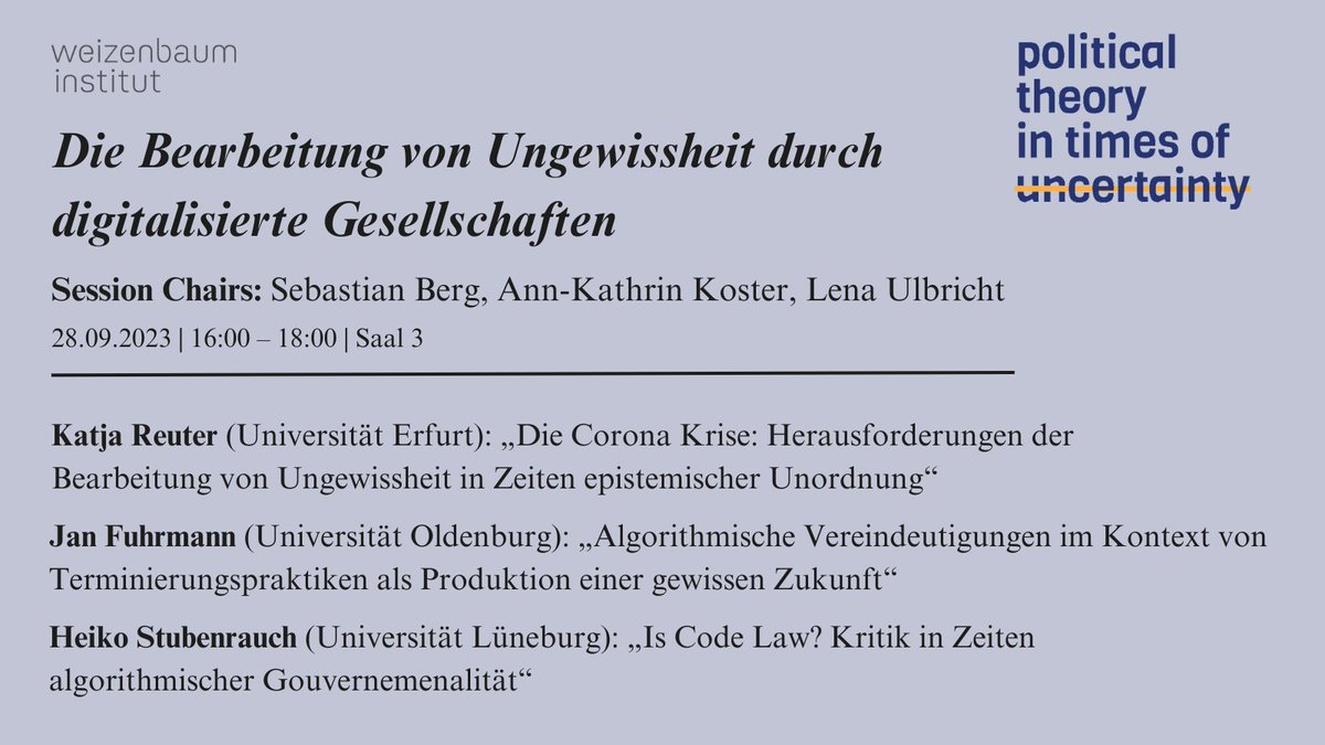 Technology, Power, and Domination Research Group (@techdo_berlin) on Twitter photo 🔜Nächste Woche sind wir auf dem Theoriekongress "Politischen Theorie in Zeiten der Ungewissheit" an der <a href="/UniBremen/">Universität Bremen</a>📚🥳
Alle wichtigen Infos zu den von @annkako06 <a href="/sebezero/">sebastian berg (inaktiv)</a> @lena_ulbricht betreuten Panels unten; weitere Infos hier uni-bremen.de/politische-the… 🔜Nächste Woche sind wir auf dem Theoriekongress "Politischen Theorie in Zeiten der Ungewissheit" an der <a href="/UniBremen/">Universität Bremen</a>📚🥳
Alle wichtigen Infos zu den von @annkako06 <a href="/sebezero/">sebastian berg (inaktiv)</a> @lena_ulbricht betreuten Panels unten; weitere Infos hier uni-bremen.de/politische-the…