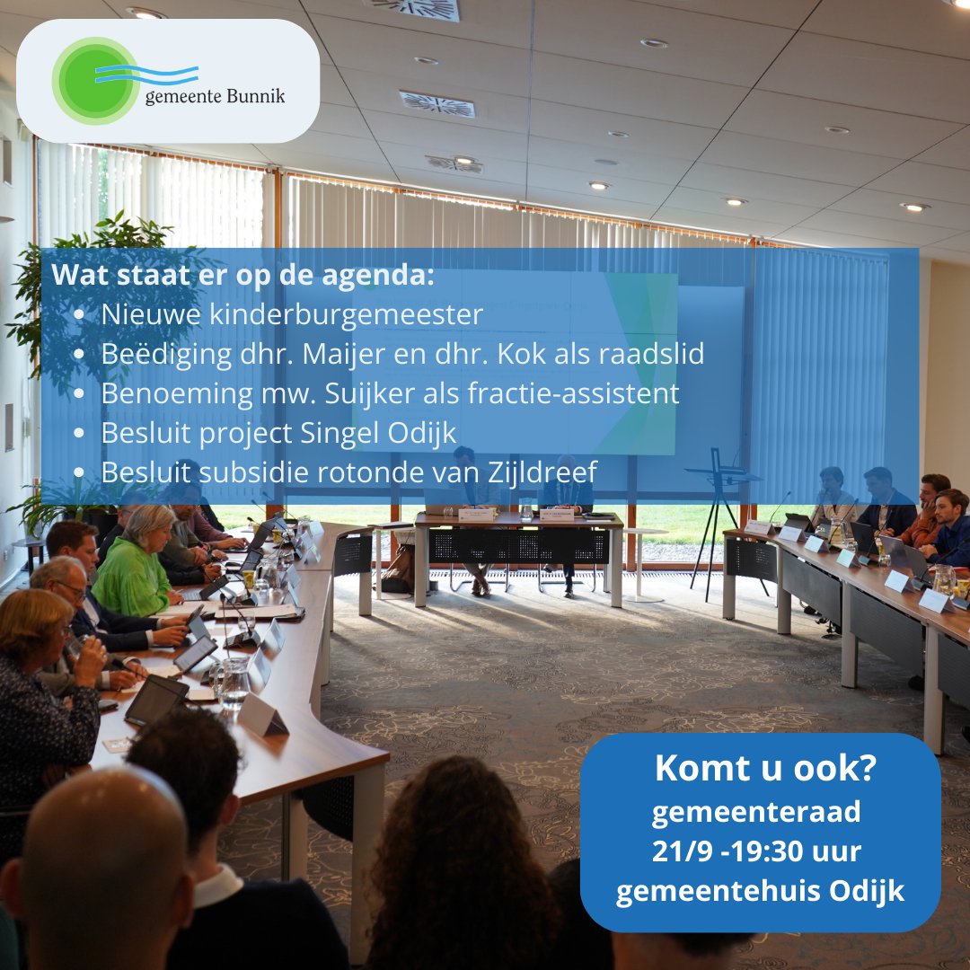 Komende donderdag staat de raadsvergadering op het programma. Hier wordt onder andere besloten over het Project Singel Odijk en de subsidie voor de rotonde van Zijldreef. #raadsbesluiten Ook wordt de nieuwe kinderburgemeester geïnstalleerd!