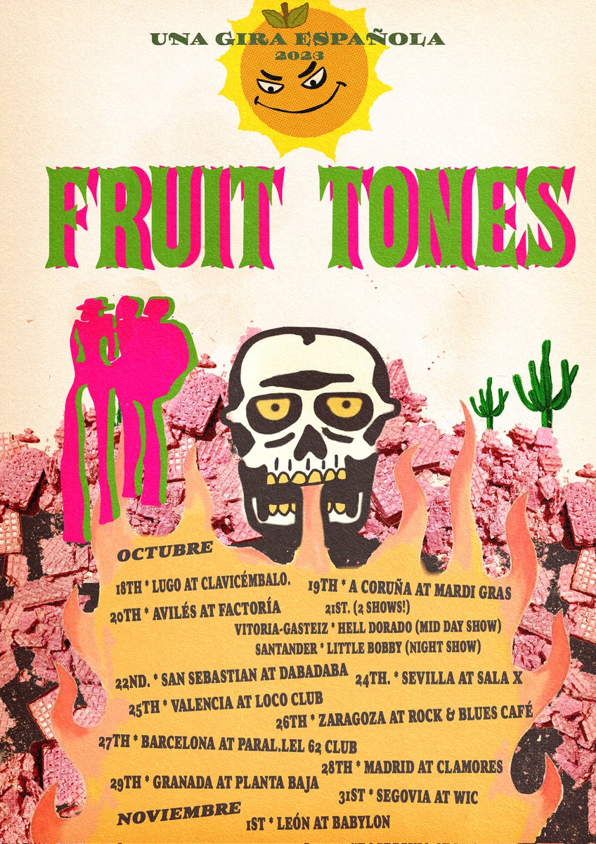 Tour poster artwork  for @fruittones 🌞Una Gira Española!! 🌞For this poster I decided to base it around the collage style mixed in with illustration, using the pink wafers from our album to build a mountain in which the skull rains down fire with the tour dates.