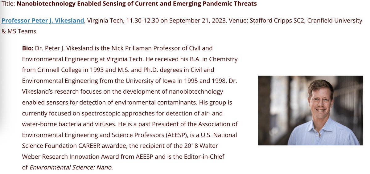 zhugen's tweet photo. Please join Prof Peter J. Vikesland @petervikesland 
from Virginia Tech to speak on: Nanobiotechnology Enabled Sensing of Current and Emerging Pandemic Threats, 21 Sep 23, 11.30-12.30 @CranfieldUni @cranfieldwater @ebnet free on Teams. 
https://t.co/KUF8FeCu3W https://t.co/2G5EGYDtdy