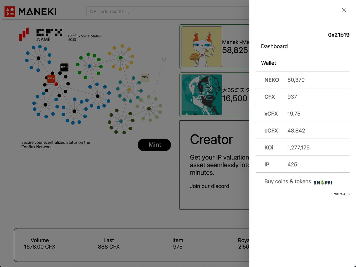 ManekiMeowOrg's tweet photo. 🚀 Updates: https://t.co/x89CLXT09F ! 🌐 You can now check your wallet balance for official tradable tokens: #CFX, #NEKO, #cCFX, #xCFX, #KOi
Plus, we've got a direct link to swap them on @SwappiDEX for your convenience. Start collecting your #NFTs
@OfficialNucleon @phxverse @Conflux_Network
