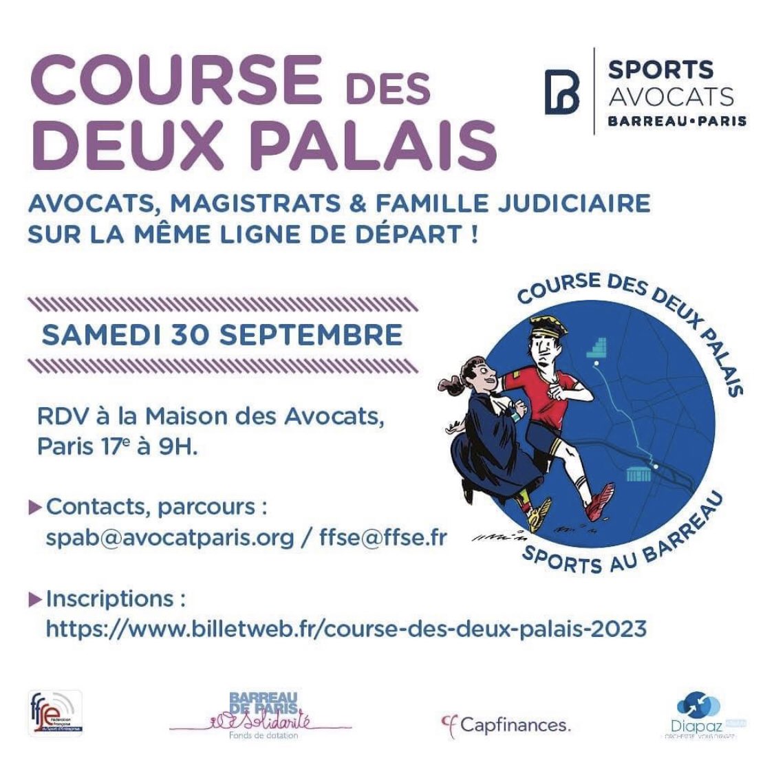 Cette année encore, le BPS est partenaire de la Course des deux Palais organisée par le SPAB ! 
Une partie des frais d'inscription des coureurs sera reversée au BPS pour soutenir nos actions de solidarité!
INSCRIVEZ VOUS !
📆 RDV 30 09 23 à 9h
📍Maison des avocats, Paris 17e