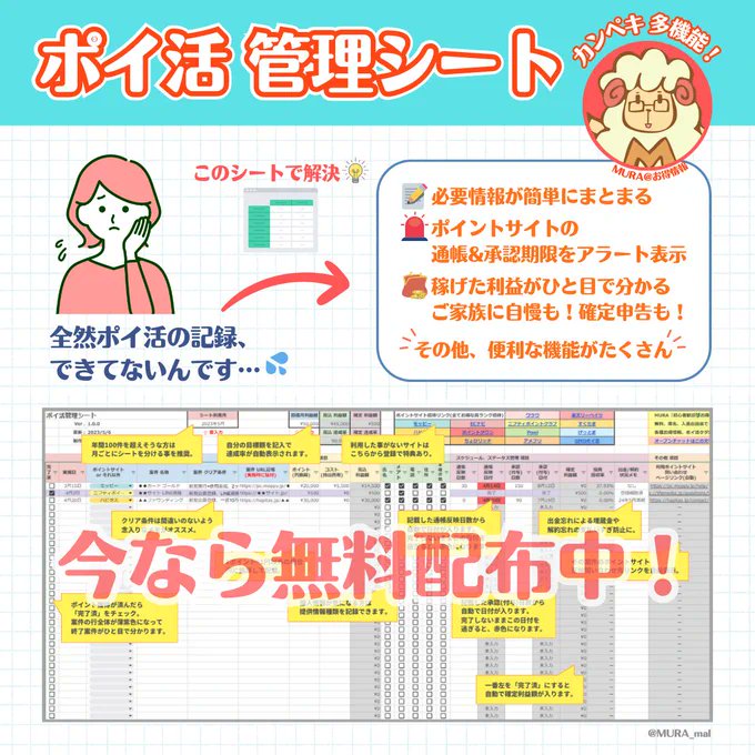 🎁限定無料配布！🎁
カンペキ多機能！ポイ活管理シート📝

年間 約100万㌽獲得する
MURA@お得情報によるポイ活資料🐏

㌽サイト、その他案件含め
分かりやすく合理的に管理できます💁

👐受取方法👐
1⃣<a href="/MURA_mal/">MURA（むら）🐑【お得情報×新NISA】</a>フォロー
2⃣この投稿いいね&amp;RP(RT)
3⃣下記URLから受け取れます
spin.seleby.com/?cp=poisheet