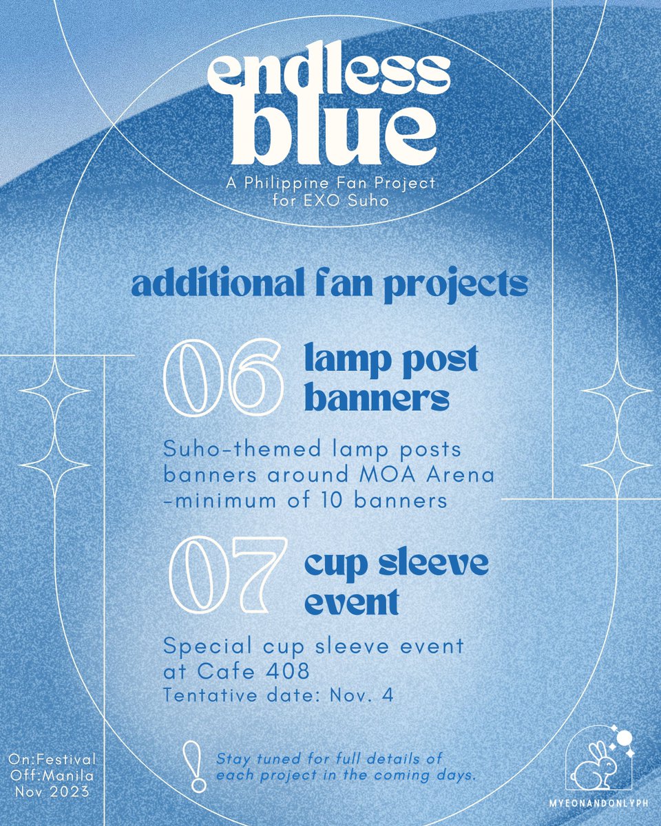 myeonandonlyph's tweet photo. ˗ˋˏ 🌊‧̍ 彡💧₊˚.༄ˎˊ˗
𝙀𝙣𝙙𝙡𝙚𝙨𝙨 𝘽𝙡𝙪𝙚

Here is a sneak peek of our fan project proposal 👀

More details + possible additional projects to be announced soon! 🛳️ 
✿ 🐰 ꔛ·🎵*﹆

#ONMusicFestival 
#ONMusicFestival_SUHO https://t.co/hVbBxd88YK