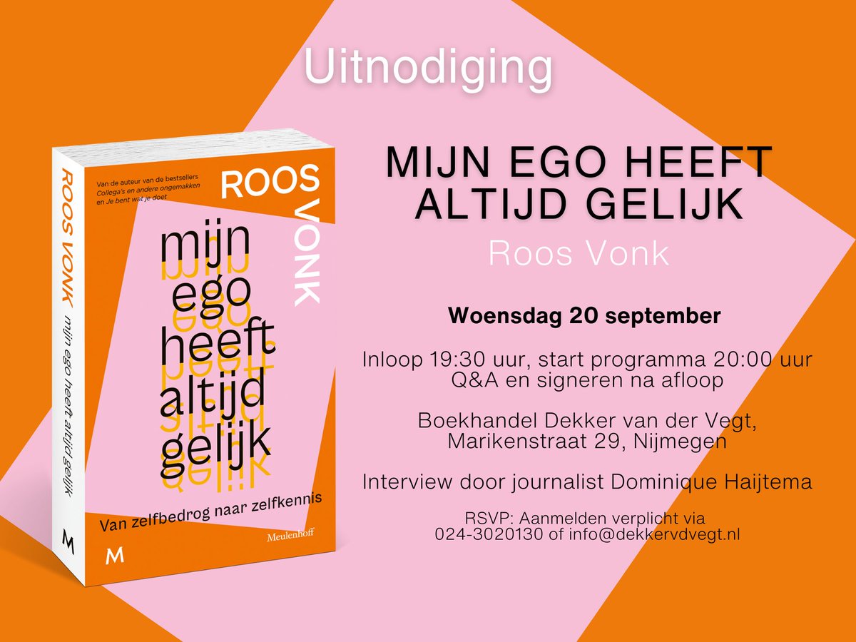 Morgen wordt 'Mijn ego heeft altijd gelijk' van Roos Vonk gepresenteerd in boekhandel Dekker v.d. Vegt in Nijmegen. Inloop vanaf 19.30 uur. Er zijn nog plekken vrij! Aanmelden kan via info@dekkervdvegt.nl of 024-3020130. <a href="/roos/">Bloodsugar Drew</a> <a href="/DekkervdVegt/">Dekker v.d. Vegt</a>
