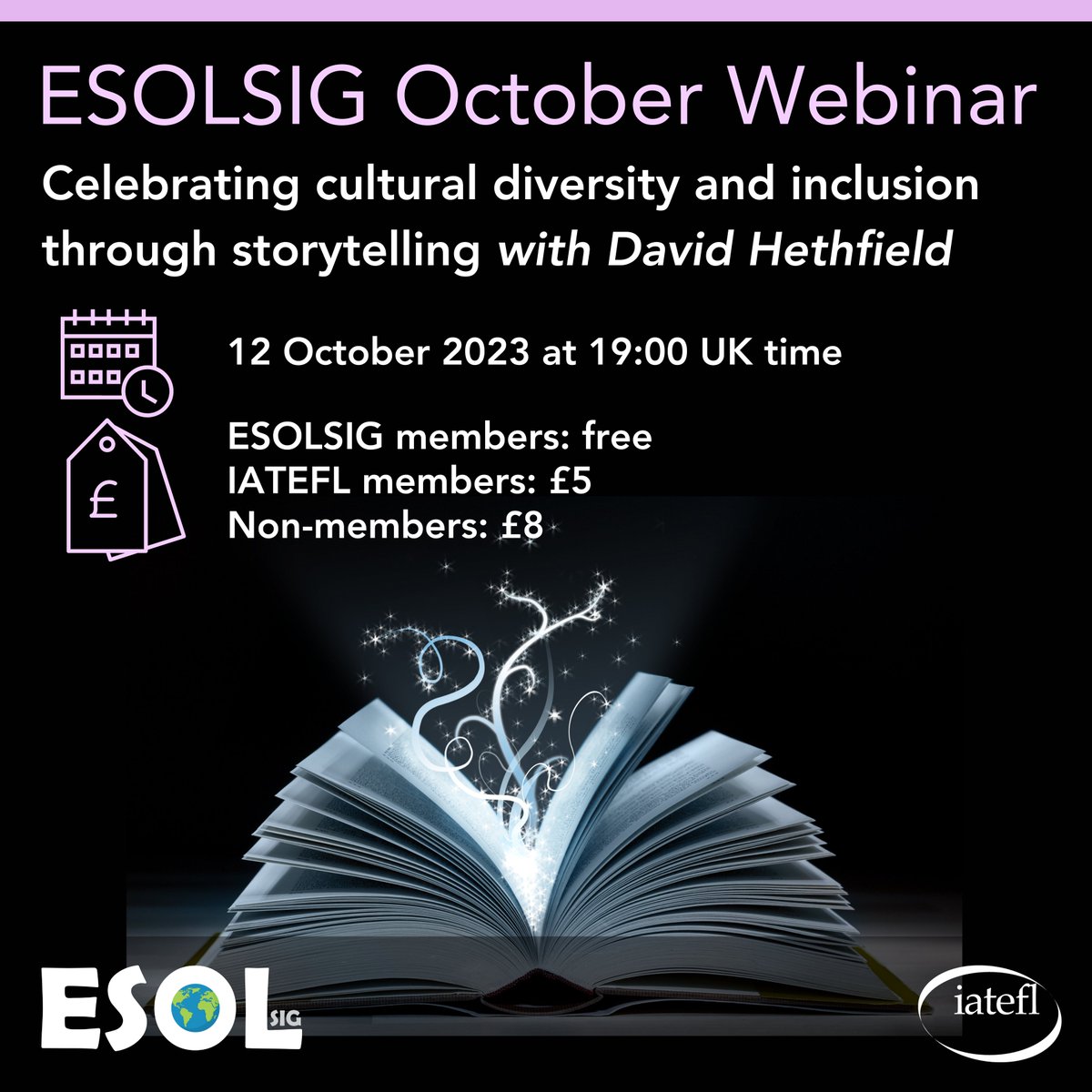 📢Bookings for our October event open! Join our webinar with international storyteller, David Hethfield and you will learn how to tell a new story and explore cultural identity through folk stories. See you on October 12 at 7pm UK time. 📅Bookings: iatefl.org/events/464 #iatefl