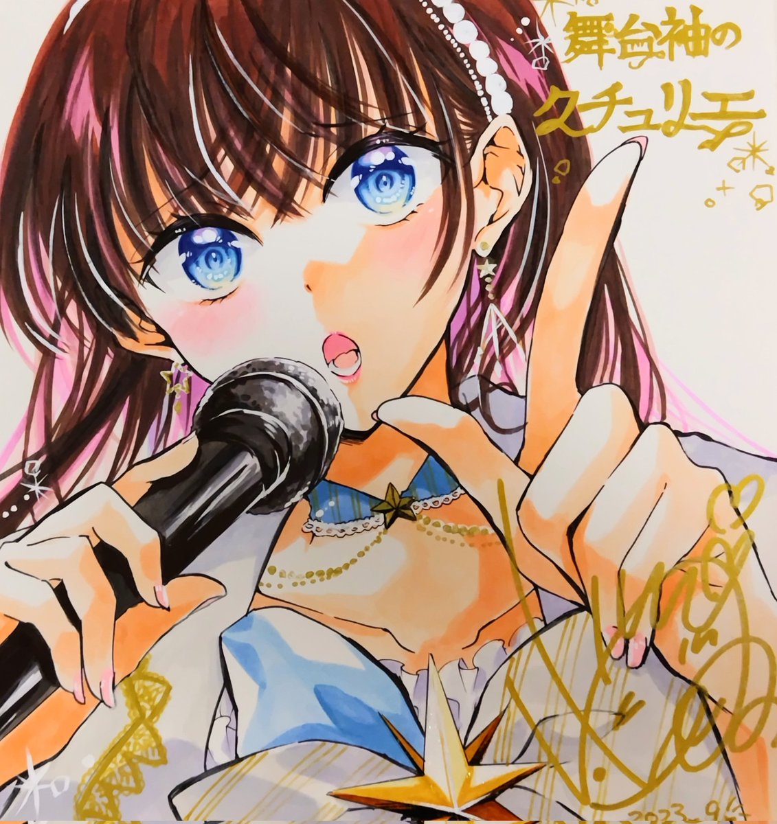 1girl microphone blue eyes solo earrings jewelry brown hair  illustration images