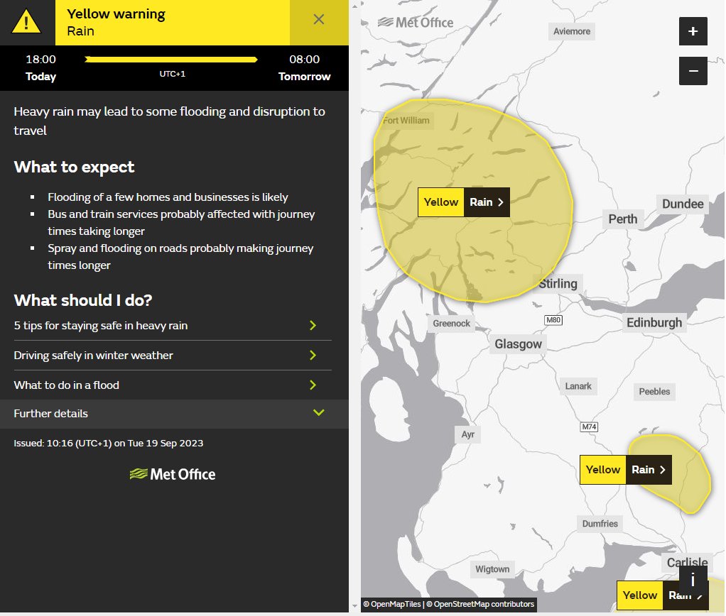 trafficscotland's tweet photo. ⚠️YELLOW WEATHER WARNING⚠️ 

The @metoffice have issued a yellow weather warning for Heavy Rain.

From 18:00 Today (19th Sept) - Wed 20th Sept 08:00

Details here👉https://t.co/7s5MnUOCHW https://t.co/vHvqkydHOs