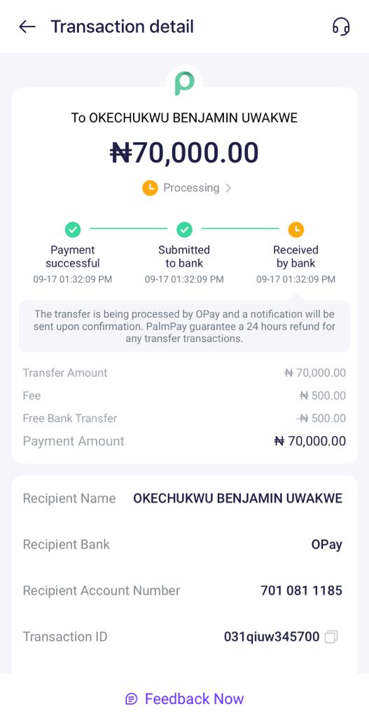 Block_Chain007's tweet photo. @palmpay_ng Hello @palmpay_ng kindly help look into this, it's more than 24hours already and transaction is still processing..

Kindly rectify it https://t.co/mEoESmSo0Z