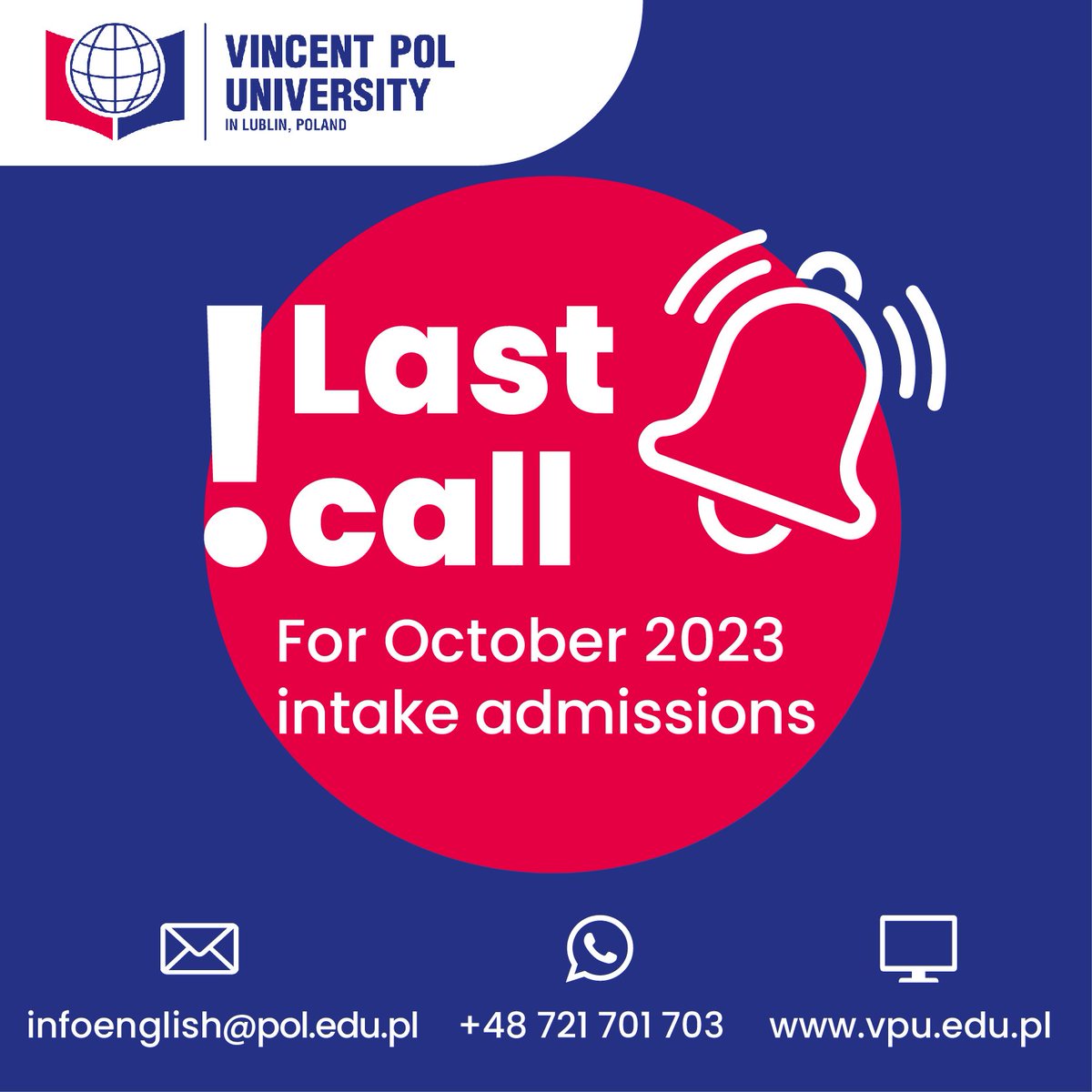 VPULublin's tweet photo. 🎓✨ Last chance for October 2023 intake! 🌍📚 Don't miss out on studying abroad in English and starting your international journey! 🌟 Contact us for more details:
💻 https://t.co/e96jc9L9VK
📲 WhatsApp: +48 721 701 703
📧 E-mail: infoenglish@pol.edu.pl https://t.co/42M4OF217Q