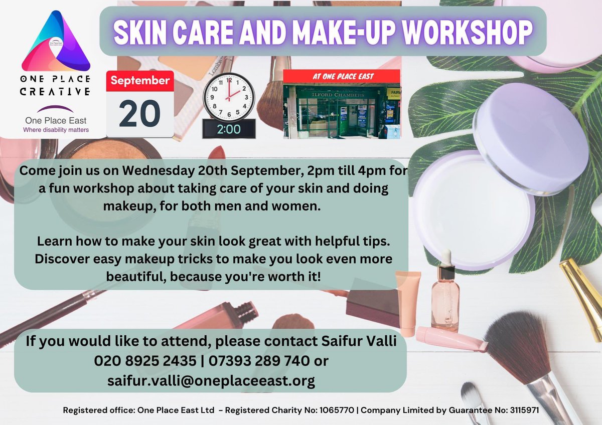 There are only a few places left for our One Place Creative, Skin Care & Make-Up workshop tomorrow afternoon💄🧴 🗓️ Wednesday 20 September from 2-4pm Men & women both welcome 👱‍♂️👱‍♀️ Book now, you can do so here: docs.google.com/forms/d/e/1FAI… #OnePlaceCreative #MakeUp #SkinCare