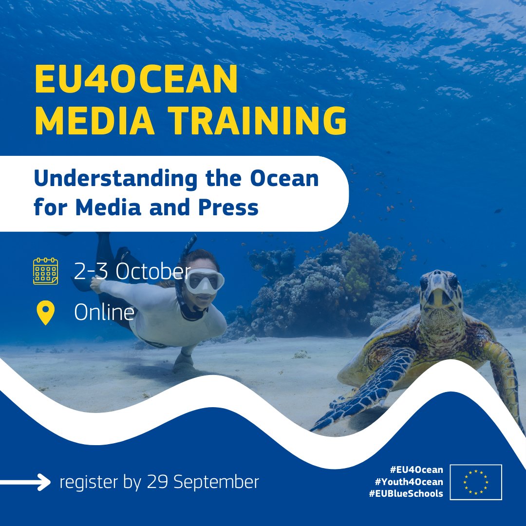 EU_MARE's tweet photo. 🌊🎙️Dive into the depths of ocean storytelling!

Join #EU4Ocean Media Training to delve into #ocean coverage, innovative storytelling &amp; more!📰

🗓️2-3 October
📍Online

Register by 28 September 👉https://t.co/I61DrZCkRL

#OceanAdvocates #Journalism #OceanLiteracy #Training #EMFAF https://t.co/n86ltkfwal