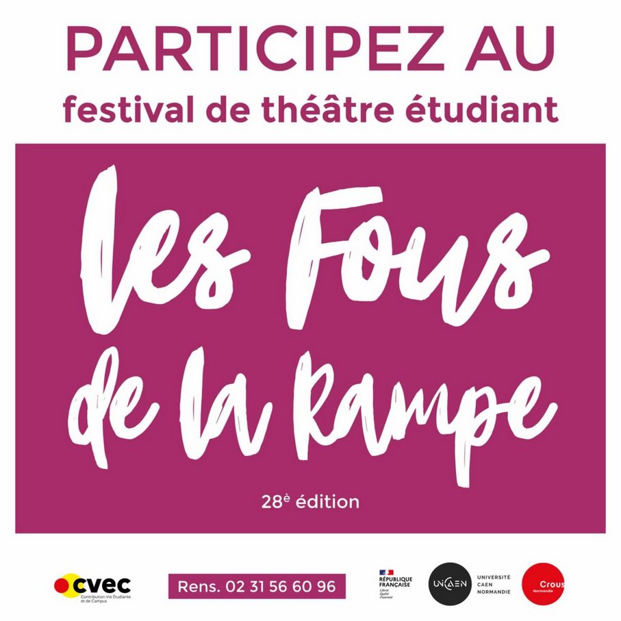 🎭 FESTIVAL LES FOUS DE LA RAMPE - édition 2024 c'est parti ! 

Déposez vos candidatures jusqu'au 16 octobre inclus 
Dossier de candidature à récupérer à l'accueil de la MDE ou sur crous-normandie.fr (rubrique "Sortir, Bouger, Créer") 

📧 julie.glinel@crous-normandie.fr
