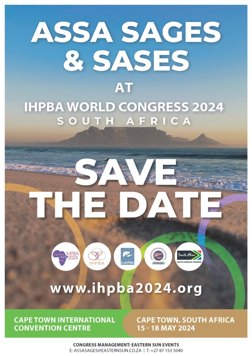 Looking forward to this amazing IHPBA world congress in Cape Town, SA in 2024. In association with @IHPBA @EAHPBA @hpbasa @assa @sases @SouthAfricaNet #IHPBA2024
For any queries, email congress management: ihpba@easternsun.o.za