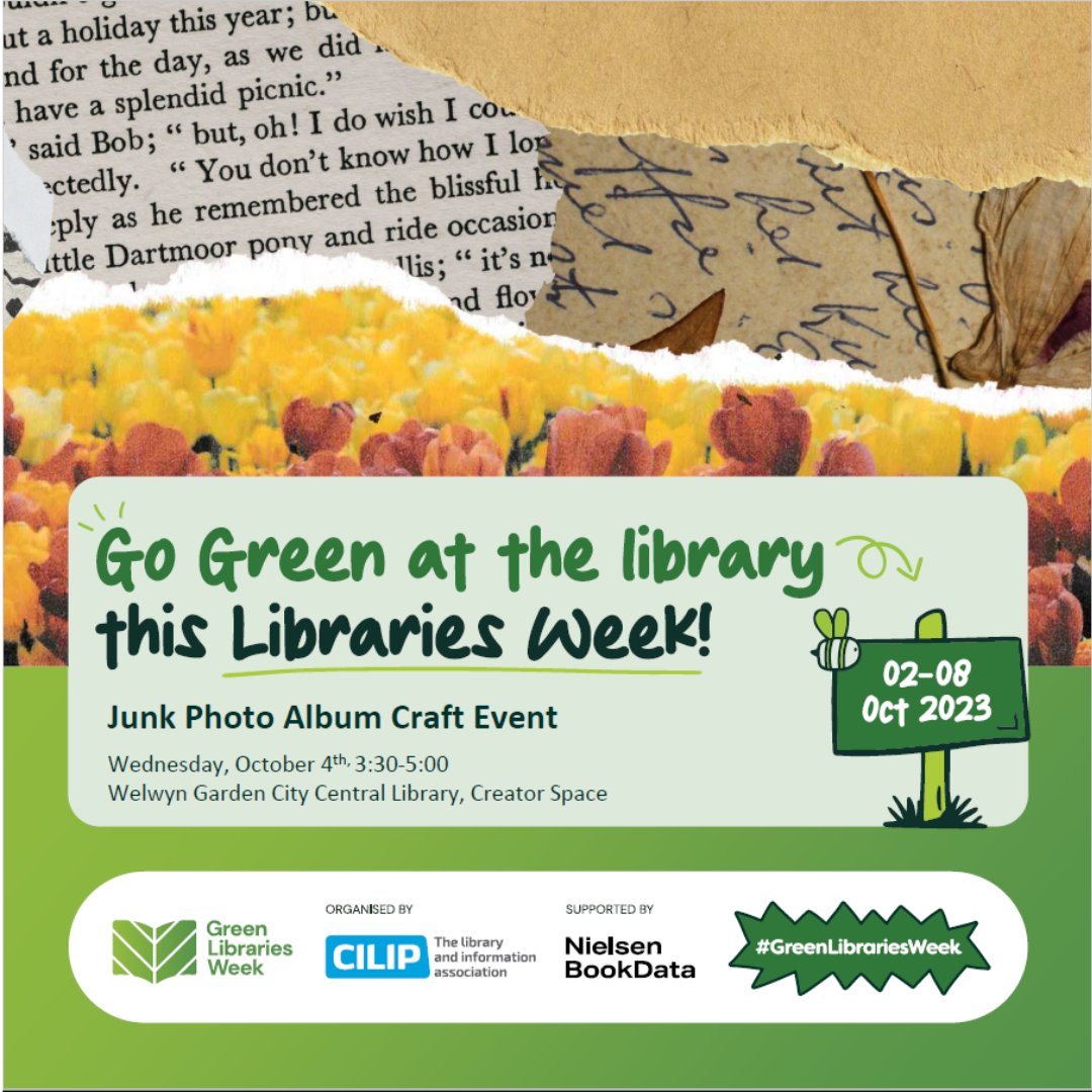 Join us on Wednesday, 4th October at Welwyn Garden City to create Junk Photo Albums with us during our free, drop-in craft event!
Bring your own photos, and use old stock, magazines and more to create a special, recycled photo album to celebrate #GreenLibrariesWeek with us!