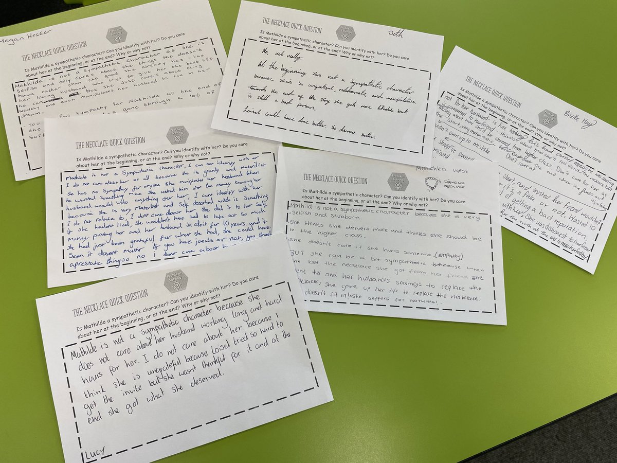 Some excellent insight into the character of Mathilde from Maupassant’s  ‘The Necklace’, the critical essay text for one of my H/N5 classes. Already seeing a lot of pupils seeking justice for Loisel, the husband 😂 #englishteaching 💎