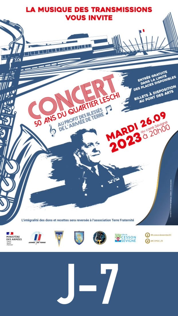 Traditionnel concert de la Saint-Gabriel. 
RDV mardi 26 septembre à 20h au Carré Sévigné pour célébrer les 50 ans du quartier Leschi.
Réservez vos places dès maintenant au Pont des Arts
de <a href="/cessonsevigne/">Ville de Cesson-Sévigné</a> 

@defense_ouest 
<a href="/armeedeterre/">Armée de Terre</a> 
<a href="/MusTrans35/">Musique des Transmissions</a>