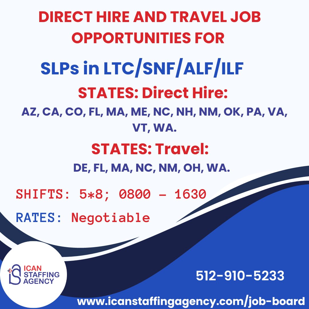 icansallc's tweet photo. Direct Hire and travel opportunities for #speechlanguagepathologist in LTC/SNF/ALF/ILF in STATES: DE, FL, MA, NC, NM, &amp; more.

Apply at https://t.co/UeMrURRbLY for immediate consideration.

Contact us at 512-910-5233 or info@icanstaffingagency.com.

#speechlanguagepathologists https://t.co/wgwHkSmieM