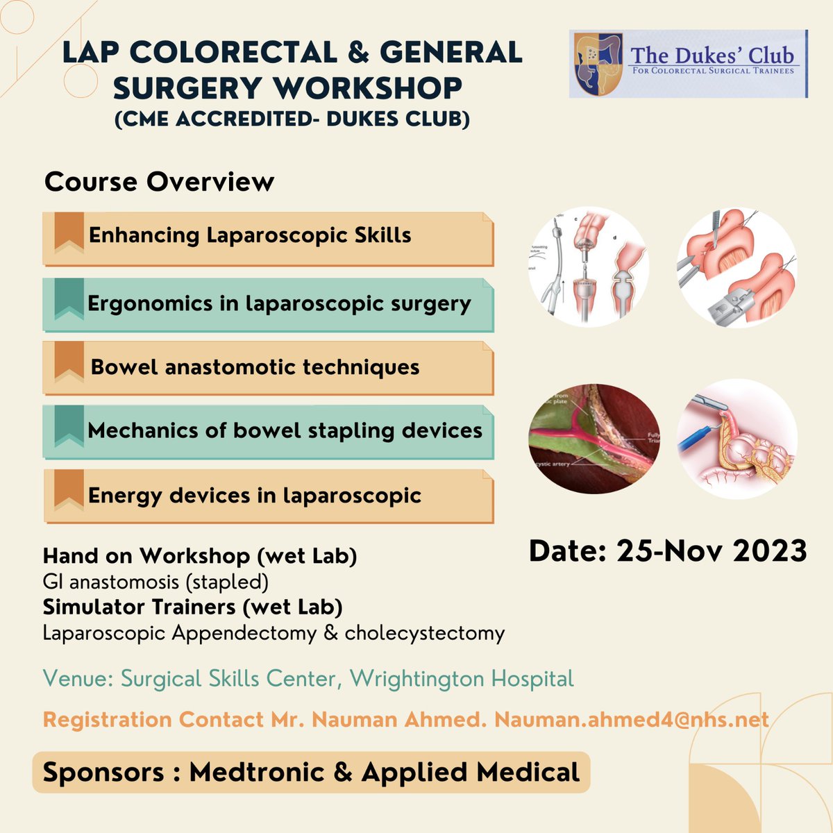 Join us for an intensive Surgical Skills Course in Laparoscopic Colorectal & General Surgery!  Elevate your expertise with hands-on training. Don't miss out!

Limited Seats! Reserve yours now. #SurgicalSkills #DukesClub #MedicalEducation #SurgeryTraining #LaparoscopicSurgery'