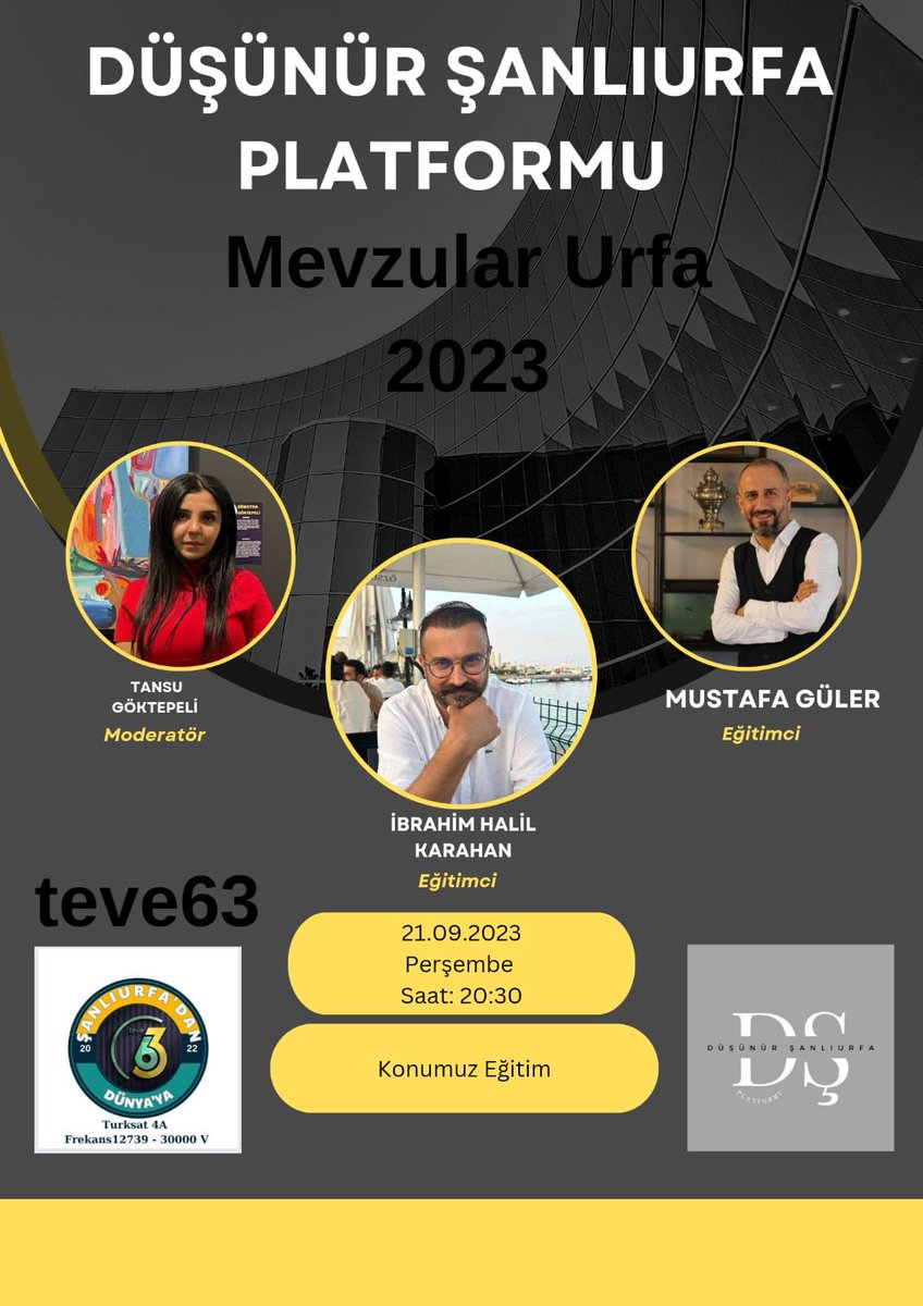 Düşünür Şanlıurfa Platformu Mevzular Urfa bu hafta Şanlıurfa Eğitimini konuşuyor.

#Şanlıurfa #Urfa #Akçakale #Harran #Siverek #Suruç #Bozova #Hilvan #Halfeti #Birecik #Viranşehir #Ceylanpınar #Eyyübiye #Haliliye