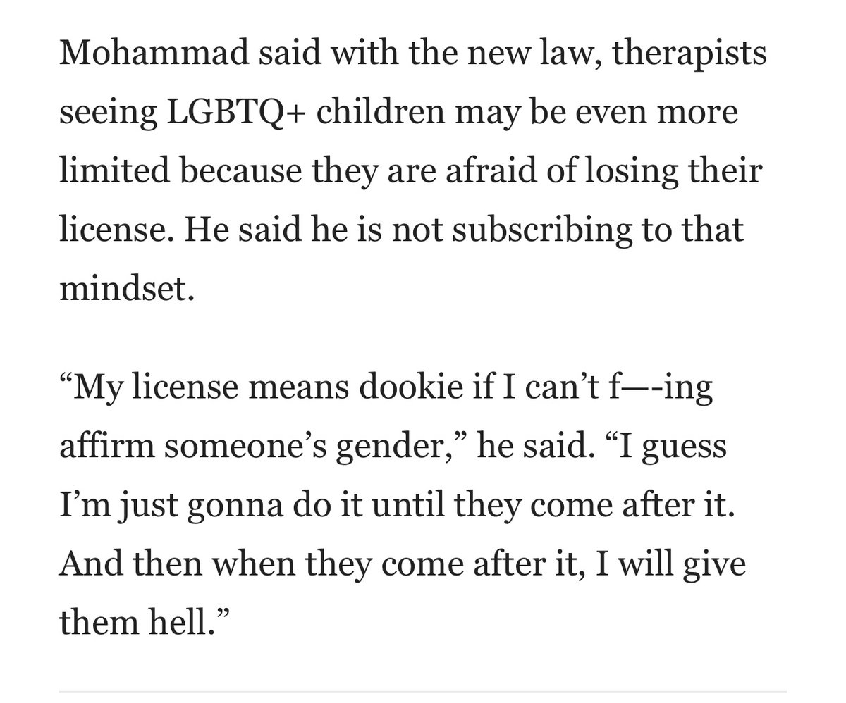 Yesterday Iowa’s teen forced detransition law went into effect. 

Fellow therapists this isn’t the time to back down; if you need support reach out and let’s collaborate