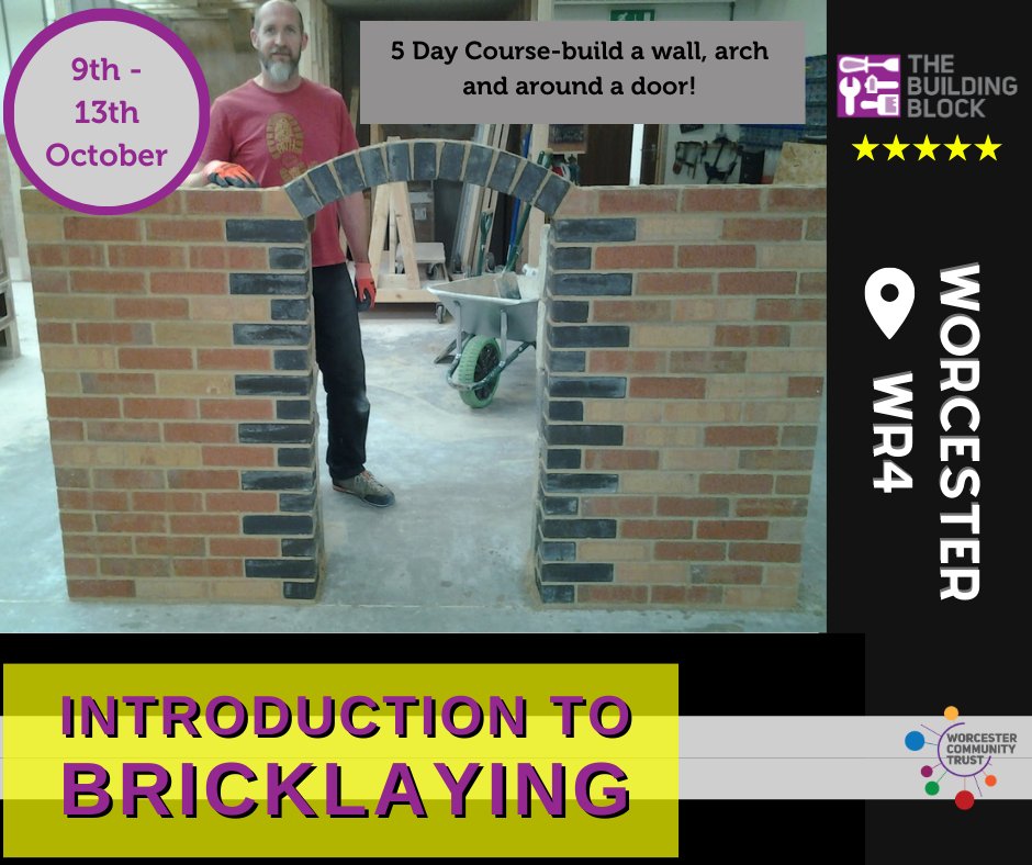Monday 9th - Friday 13th October - 5 day Intensive, Introduction to Bricklaying- fully practical course - all PPE, tools and materials supplied. Free parking!
£395pp
Book your place now: worcestercommunitytrust.arlo.co/w/courses/19-5… #bricklaying #worcester