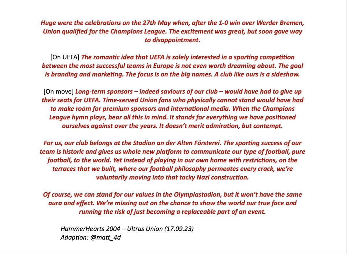 "The #UCL tune doesn't merit admiration, but contempt"

1. FC Union Berlin ultras have criticised UEFA for the requirements which have forced Union into a move to the Olympiastadion home games, but also question their own club's commitment to the values of their own ground.