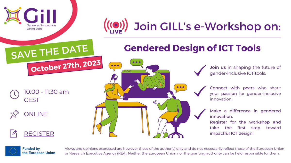 📢 Dive into #genderinclusive #ICT at the #GILLprojectEU Capacity Building Workshop. 🌟 We welcome Joanne Cramer from @Equals_EU, our sister project. 
🔗 Read more: gi-ll.eu/gill-capacity-… 

🖋 Registrations: bit.ly/3PIXApu

#GenderedInnovation #ICTDesign #GILLWorkshop